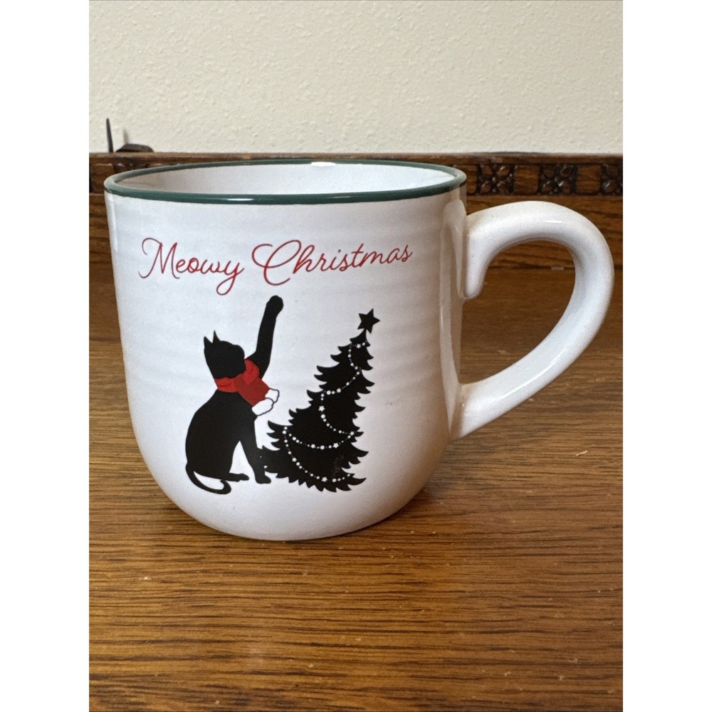 Meowy Christmas Cat Mug White Ceramic Holiday Coffee Cup